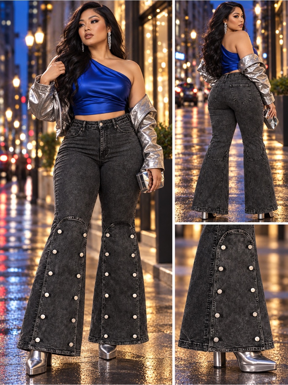 TILT Black Acid-Wash Flared Jean with Pearl Button Panel
